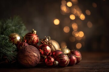 Festive christmas ornaments and pine branches with soft bokeh lights in a warm moody setting