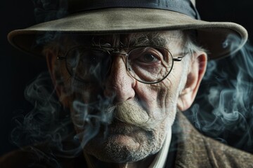 Close up portrait of a senior man wearing a hat and glasses, enveloped in smoke, creating a dramatic and mysterious atmosphere