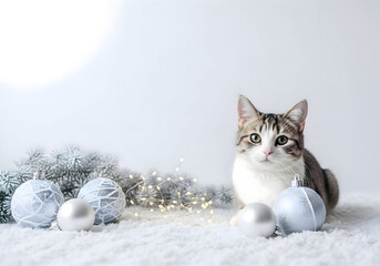 [Generative AI] 겨울 크리스마스 분위기 속 실버 오너먼트와 고양이