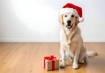 [Generative AI] 산타 모자를 쓴 골든리트리버와 크리스마스 선물 상자