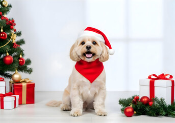 [Generative AI] 산타 모자와 빨간 반다나를 쓴 행복한 강아지와 크리스마스 선물