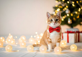 [Generative AI] 크리스마스 조명 장식과 빨간 나비넥타이를 맨 귀여운 새끼 고양이