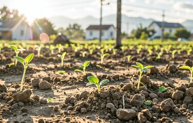 Young plant seedlings growing in field with rural houses and sunset in background