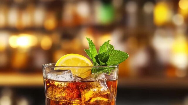 A glass filled with ice and a dark brown cocktail, garnished with mint leaves and a lemon slice, is placed on a wooden bar. Soft lighting creates a cozy atmosphere.