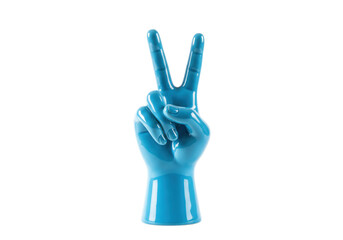 Isolated blue ceramic hand figure making a peace sign, hand gesture, victory symbol art