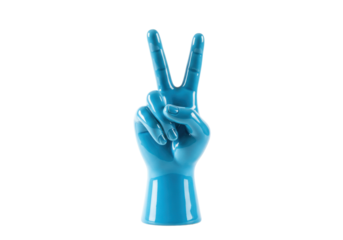 Isolated blue ceramic hand figure making a peace sign, hand gesture, victory symbol art