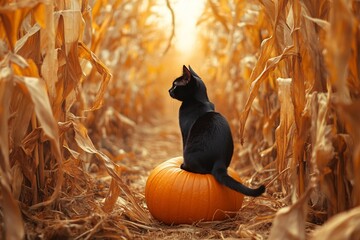 Cute black cat kitten silhouette on a Halloween pumpkin with white eyes under the moon at night