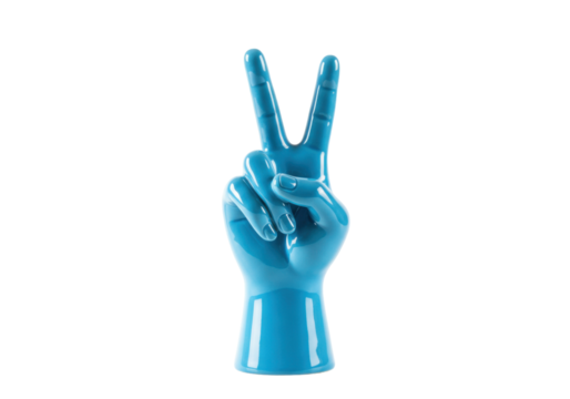 Isolated blue ceramic hand figure making a peace sign, hand gesture, victory symbol art