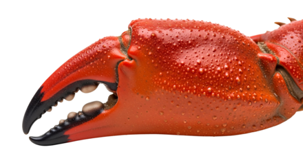 Close up of a large red crab claw with sharp black tips and textured surface isolated on transparent background, png
