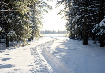 [Generative AI] 눈 덮인 숲 속의 오솔길과 햇빛