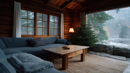 Cozy winter log cabin living room interior featuring a comfortable sectional sofa. Warm lighting. Rustic wooden furniture. A full christmas tree