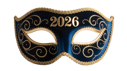 Blue and gold ornate mask with 2026 for new year celebration