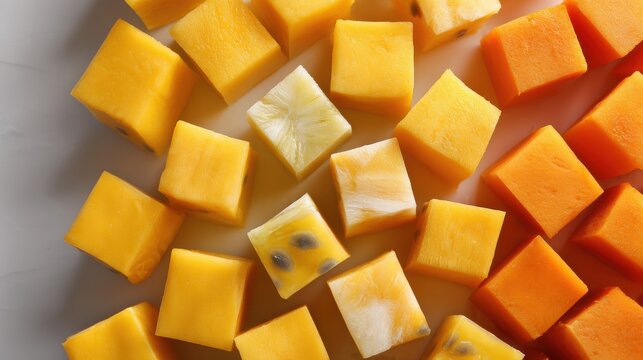 Juicy tropical fruit cubes, vibrant and refreshing