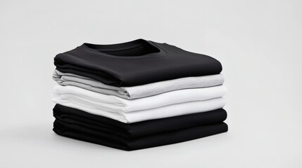 Stacking pile of folded blank black, grey, gray, and white t-shirts with a round neck and a white background cutout. A mockup template for graphic design artwork,

