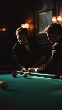 Elegant men in formal wear playing billiards on a professional pool table, enjoying a sophisticated leisure game in a dimly lit, high end club or bar interior