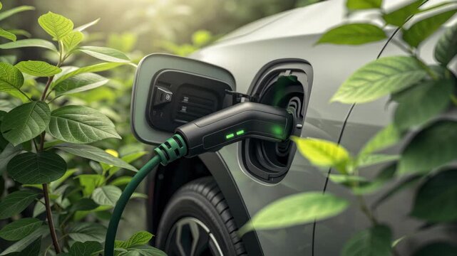 Electric car charging plug cable wheel tire foliage leaf green carbon neutral economy promoting eco friendly transport sustainable mobility charging station sunlight leafy plants evoking
