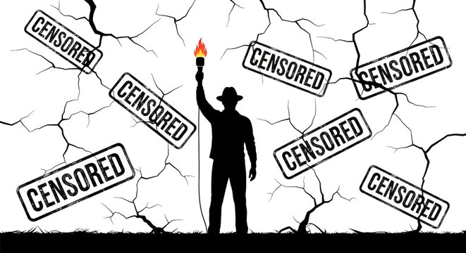 Silhouette of a person holding a torch aloft against a cracked wall covered in 'CENSORED' stamps, symbolizing the fight against censorship.