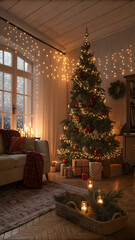 Cozy Christmas Living Room Illustration – Glowing Tree, Snowy Window & Warm Holiday Decor with Gifts