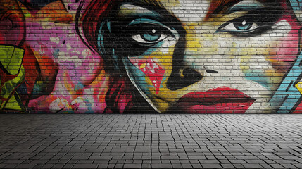 Urban vibrant graffiti art of a woman's face adorns a brick wall, creating a bold artistic statement