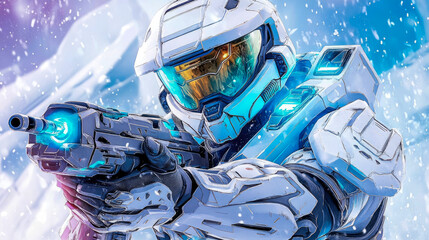Valiant futuristic warrior clad in sleek white and blue power armor, aiming high-tech glowing rifle through blizzard in icy, snow-covered battleground.