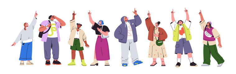 People point up, set. Happy excited men and women standing with raised arms and fingers pointing upward to sky, watching, looking at something. Flat vector illustration isolated on white background