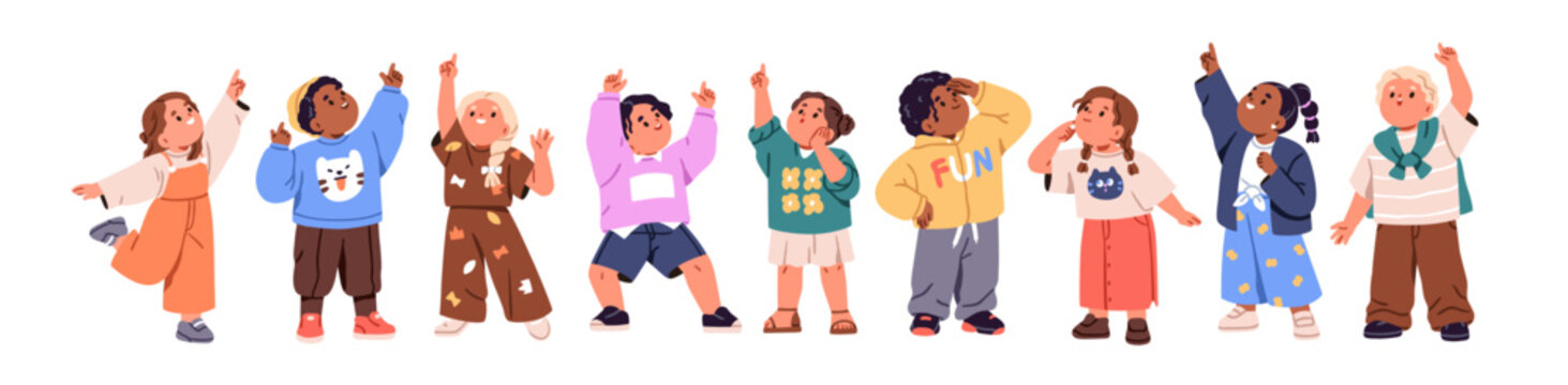 Kids point up with hands, set. Happy children standing, looking upward, pointing with finger to sky. Cute boys and girls with amazed expressions. Flat vector illustration isolated on white background