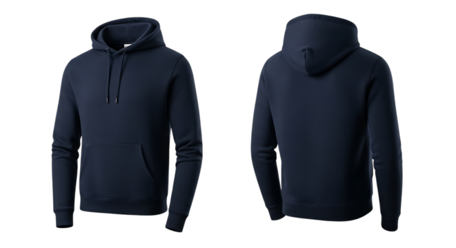 Essential navy blue hooded sweatshirt front and back isolated
