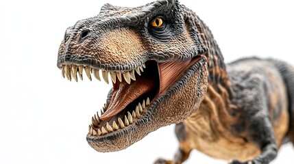 Close-up of a fierce T-Rex figurine with sharp teeth, capturing its menacing essence and primal power.