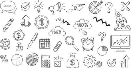 Business doodles and sketches with marketing and finance symbols