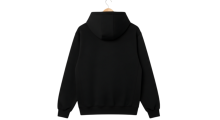 Blank black pullover hoodie on wooden hanger, back view, casual garment design mockup