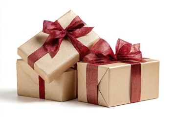 Stack of beautifully wrapped gift boxes tied with festive red ribbon and bows on a clean white background