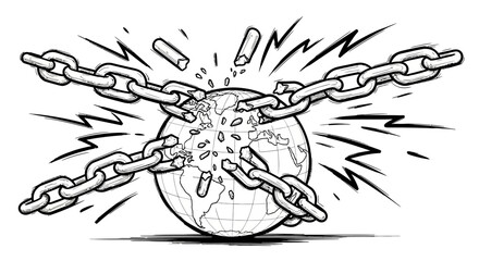 Black and white illustration of chains breaking around the Earth, symbolizing global freedom and liberation.