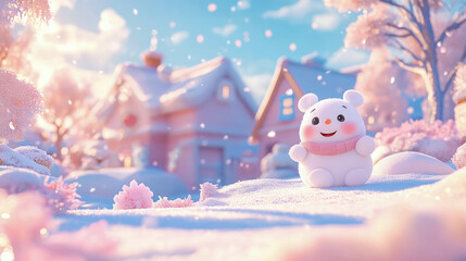 Charming white creature with rosy cheeks and pink scarf smiles in whimsical pastel winter wonderland with snow-covered pink houses and gently falling flakes under soft blue sky.