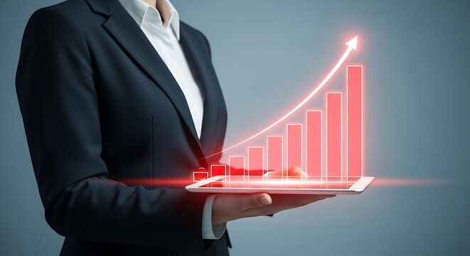 Business person holding tablet displaying glowing growth chart