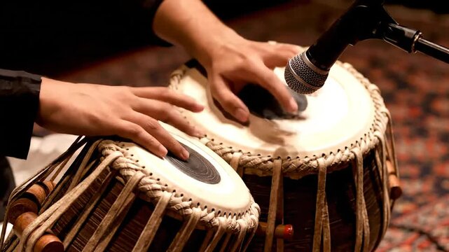 Musician performing traditional indian classical music on tabla drums captured during a cultural wedding event.