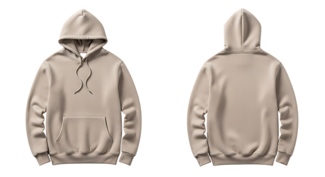 Plain beige hooded sweatshirt, front and back views. garment