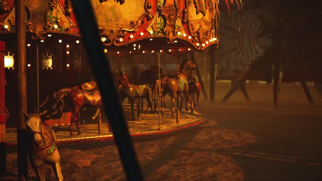 A photorealistic 3D CGI dark and cinematic background scene of a deserted, post-apocalyptic carnival or circus. Features creepy tents and ruins under an orange sky. Ideal for horror, fantasy, and game