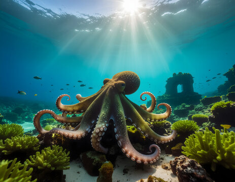 Majestic octopus gracefully navigates a vibrant coral reef bathed in the warm glow of underwater sunlight