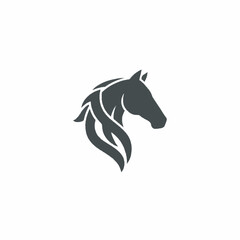 A stylized, dark gray silhouette of a horse's head with a flowing mane.