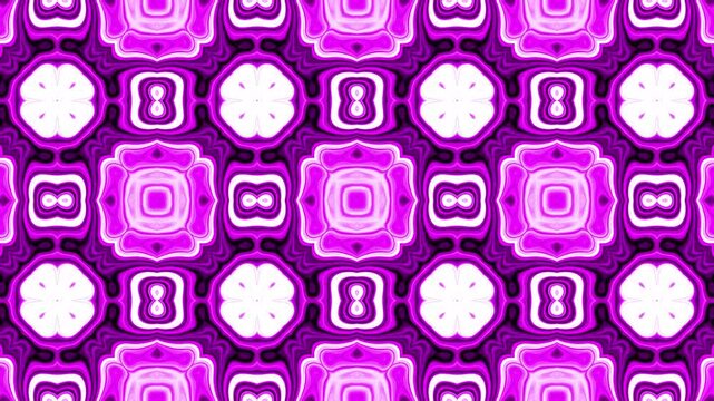 Vibrant kaleidoscope pattern with bright pink, purple, and white glowing geometric shapes.