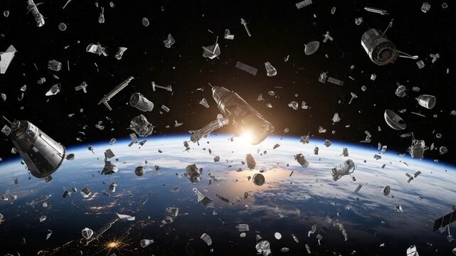 Space Debris Orbiting Earth: A stark visualization of the critical issue of space debris, showcasing fragments and remnants of satellites, rockets, and spacecraft orbiting our planet.