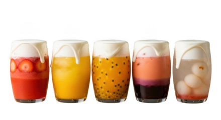 A row of five glasses filled with colorful fruit beverages and topped with white cream, creating a visually appealing and refreshing treat, isolated on transparent background