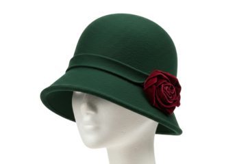 Isolated fashionable green cloche hat with red velvet rose, 1920s style vintage headdress