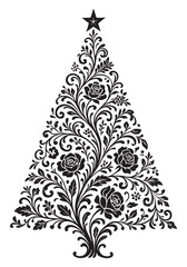 Ornate Floral Christmas Tree Silhouette with Star Topper, Floral Christmas Tree Design – Decorative Holiday Silhouette with Star, Elegant Ornate Christmas Tree – Floral Patterned Holiday Tree 