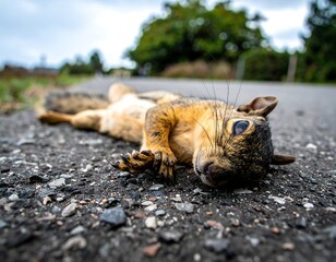 A close-up, low-angle shot captures a lifeless squirrel on asphalt. The creature lies motionless, fur matted, eyes glazed, showing signs of mortality