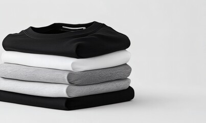 Stacking pile of folded blank black, grey, gray, and white t-shirts with a round neck and a white background cutout. A mockup template for graphic design artwork,
