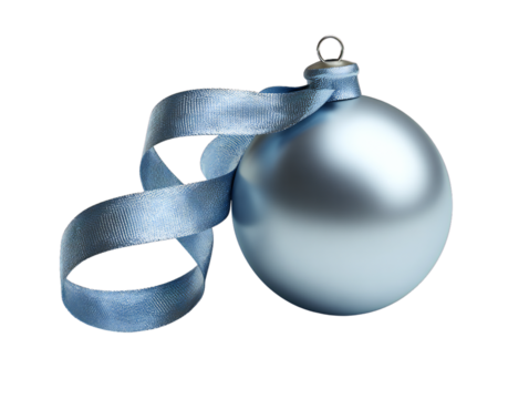 Silver blue matte Christmas ornament ball with matching ribbon, elegant holiday decoration isolated on transparent background