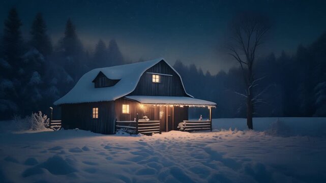 Snow covered countryside barn glowing dimly from interior light