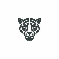 Fototapeta premium Stylized black and white tiger head logo with a keyhole shape in the center on a white background.
