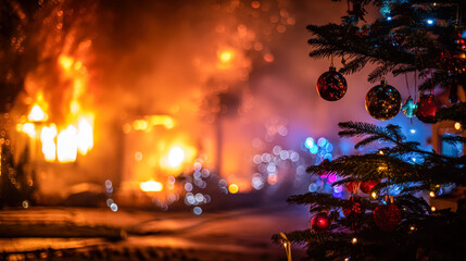 Christmas tree decorated with vibrant ornaments and lights, creating a warm holiday ambiance with glowing colors and festive spirit